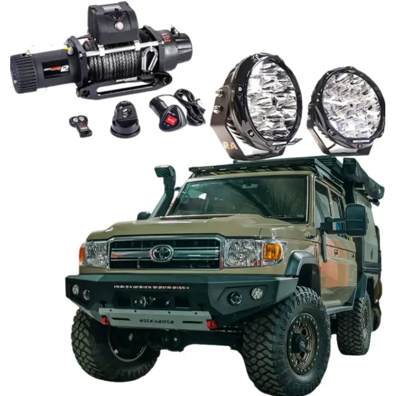 Rockarmor gt steel hoopless bullbar combo pack in black steel for toyota landcruiser 76 78 79 2007-2023 with synthetic winch rope