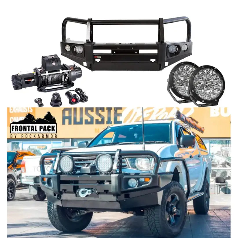Off-road rockarmor premium bullbar frontal combo in black steel with synthetic winch rope for mitsubishi triton mn-ml 2006-2015