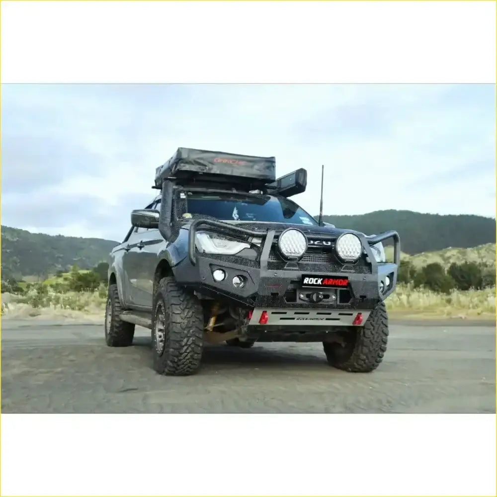 Black rock armor front bumper for isuzu dmax 2020-2024 with integrated round headlights and red accent trim