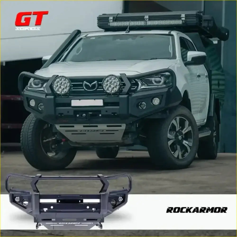 Black rockarmor front bumper with integrated round led lights rugged angular design for mazda bt50 2020+