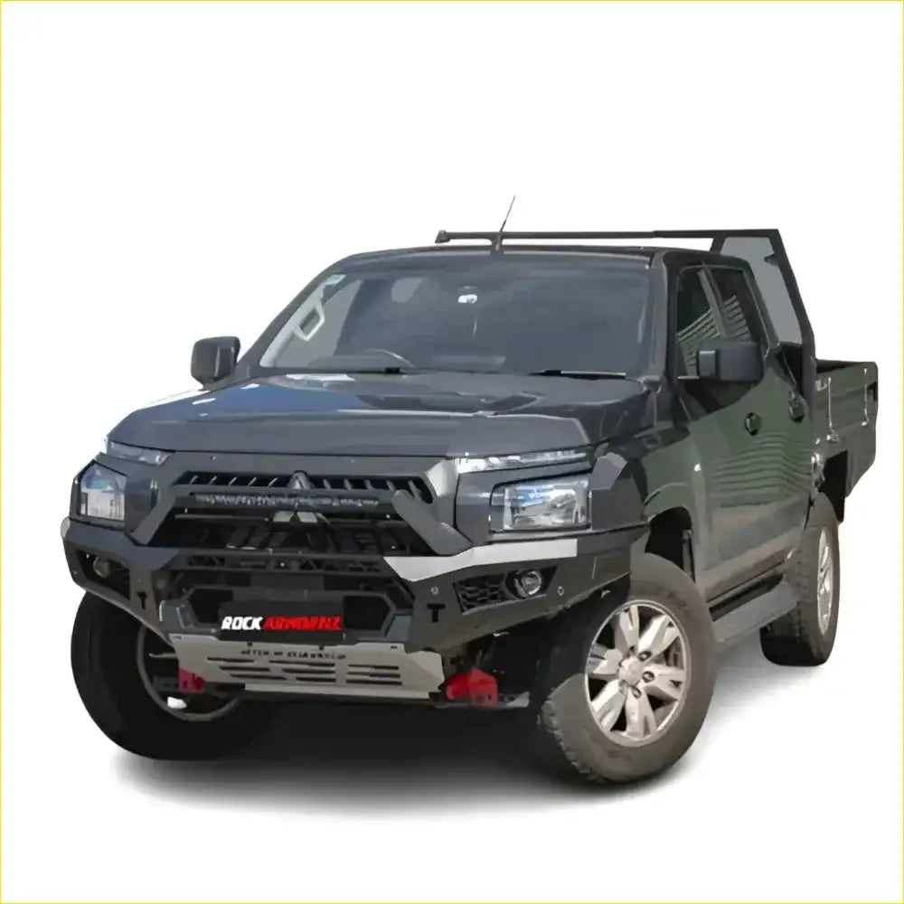 Black reinforced front bumper with red accents and rock automotive branding for mitsubishi mv triton 2024+ pickup truck