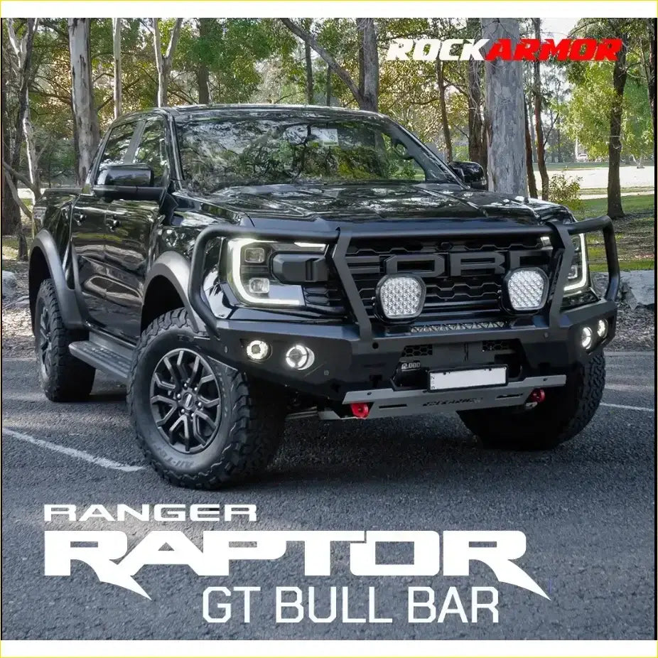 Black rockarmor gt black steel bull bar mounted on front of ford ranger raptor 2023 to current model