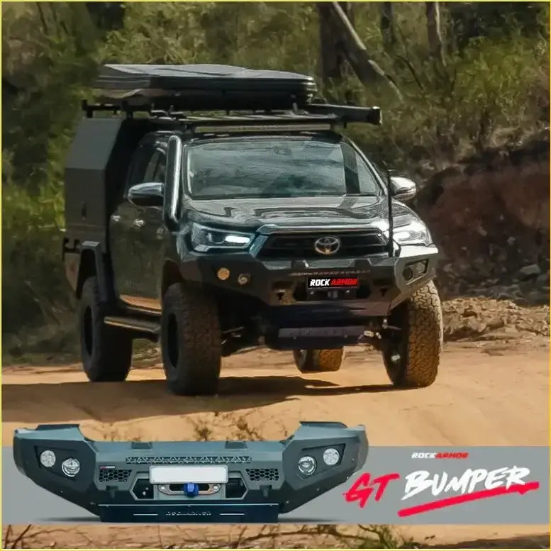 Black rockarmor gt bumper for toyota hilux 2020 to current with rugged design integrated lights and mounting points
