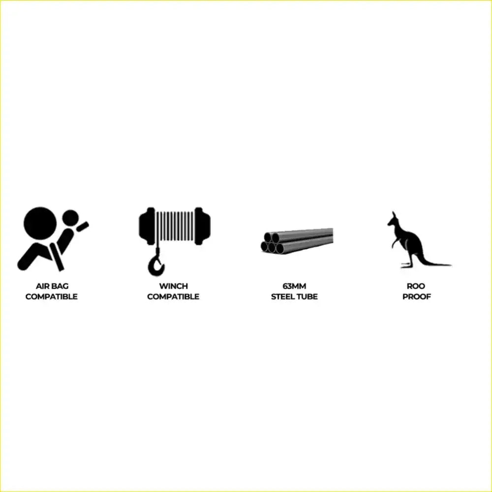 Black silhouette icons show airbag and winch compatibility 63mm steel tube and roof proof features for rockarmor rock pack bullbar