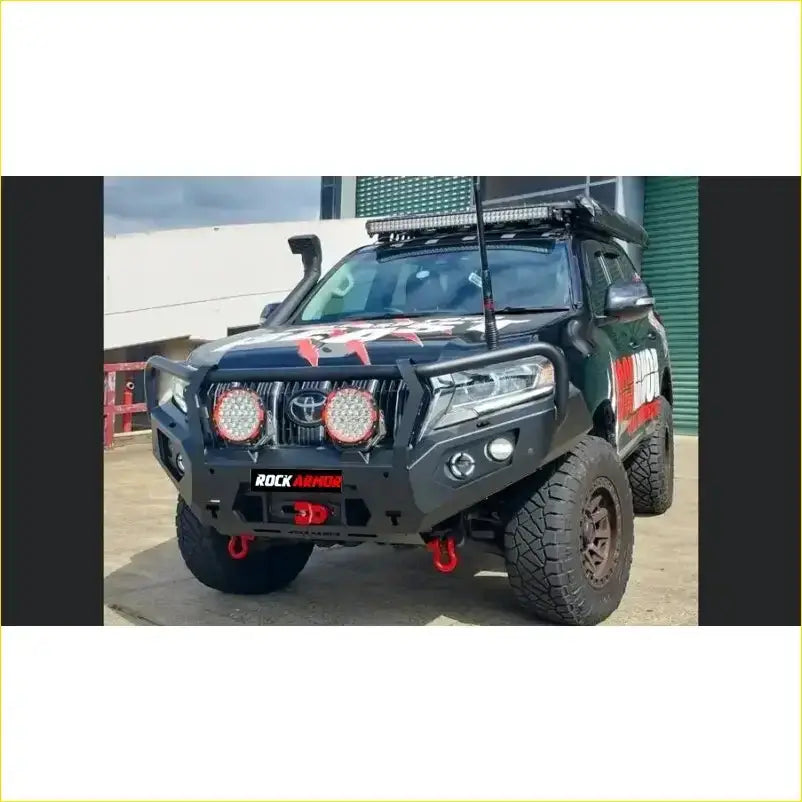 Black rockarmor front bumper for toyota prado 150 series with integrated led lights and red recovery hooks