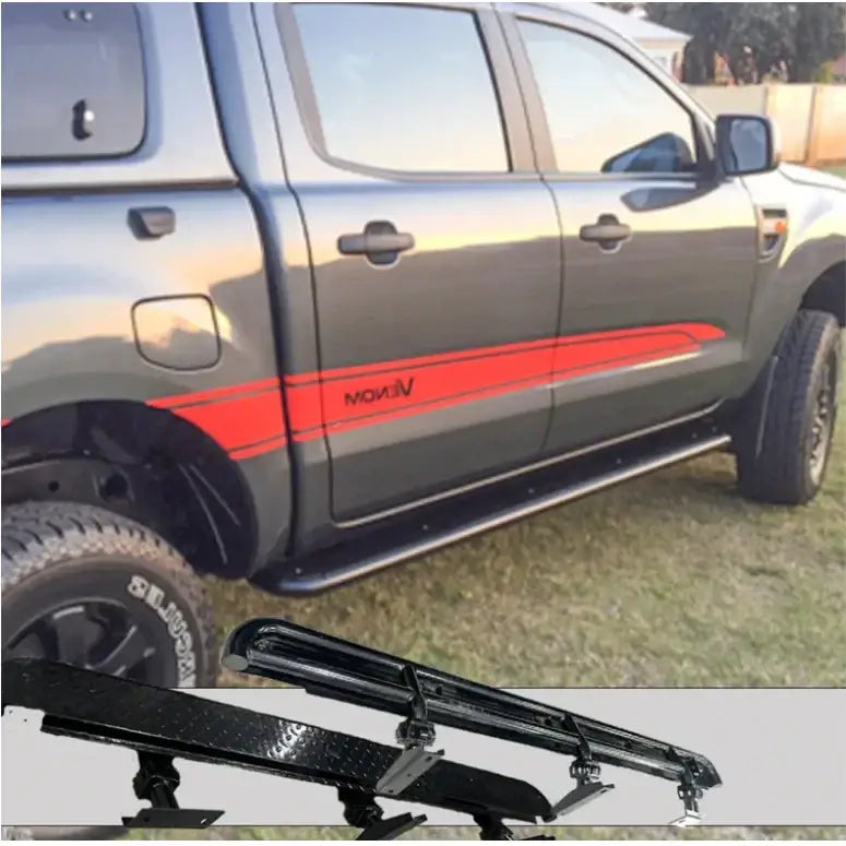 Gray pickup truck with red stripe featuring rockarmor steel rockslider side steps in steel checker plate for Ford Ranger PX series