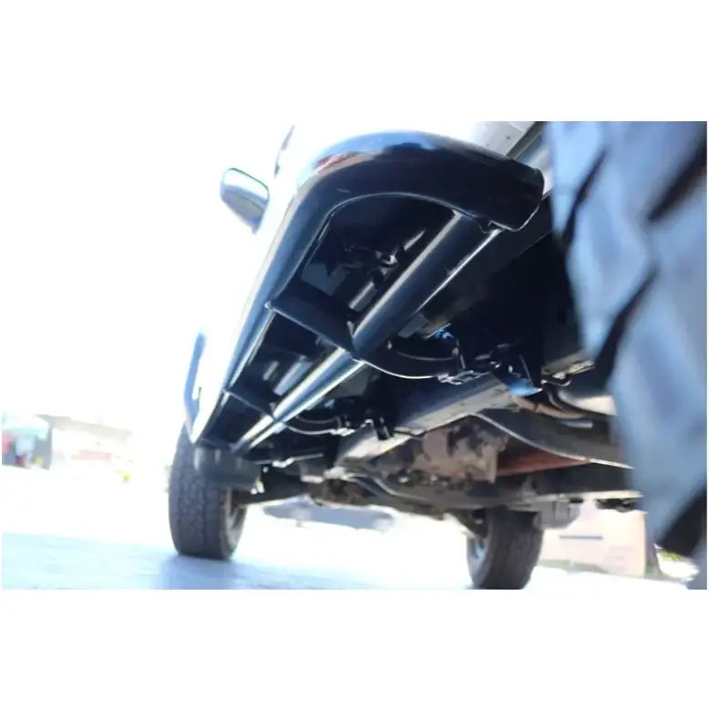 Rockarmor steel rockslider side steps in black steel shown from underside fit mitsubishi triton ml mn dual cab 2006+