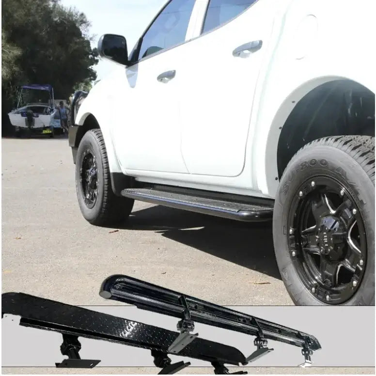 White mitsubishi triton with black rockarmor steel rockslider checker plate step side steps installed