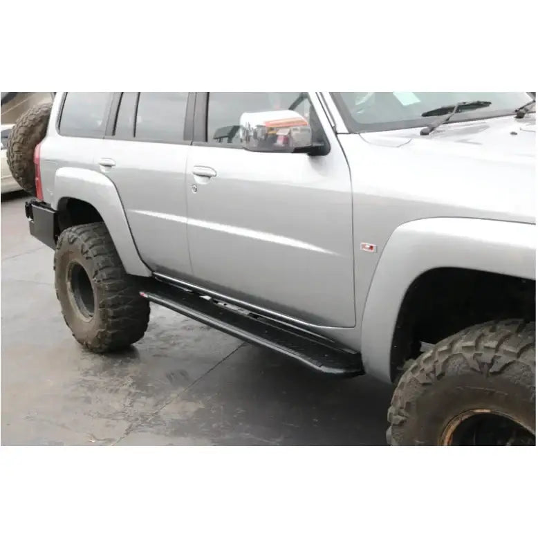 Silver rockarmor steel rockslider side steps for nissan patrol y61 with brush bar and 52mm diameter air bag option