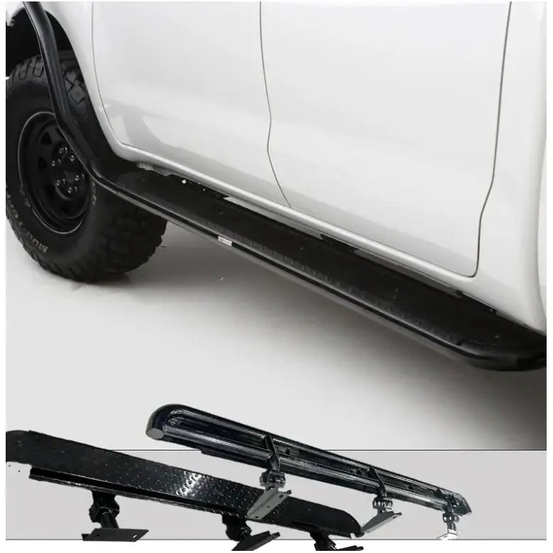 Black rockarmor steel rockslider side steps with checker plate step for toyota hilux n70 2005-2015 back side view