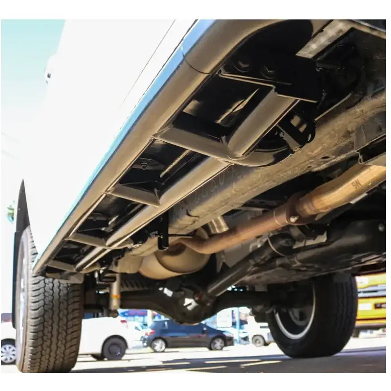 Truck undercarriage showing exhaust system and rockarmor steel rockslider checker plate step for toyota hilux n80 fitting video