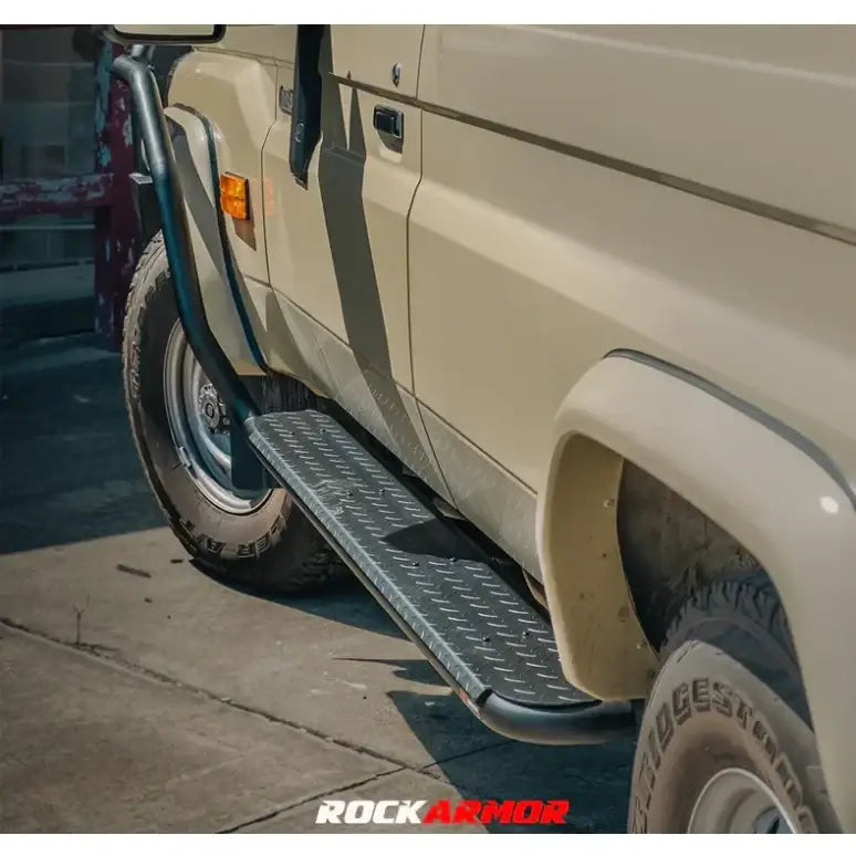 Side view of rockarmor steel rockslider side steps made of steel checker plate for toyota landcruiser 78 series v8 troop carrier