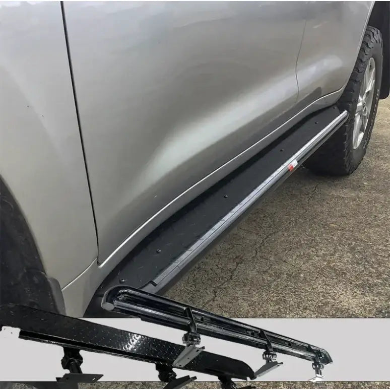 Silver Toyota Prado 250 with black steel rockslider side steps featuring steel checker plate design full bar replacement